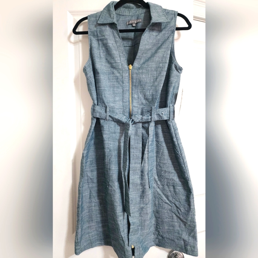 Sharagano Blue Sleeveless Belted Dress